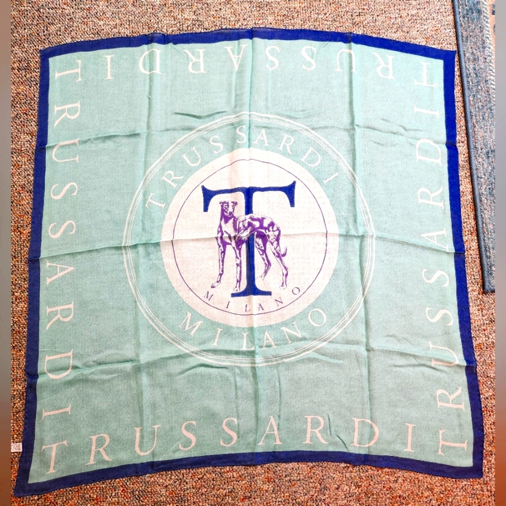 Trussardi Italy Sheer Silk Greyhound Dog Logo Scarf